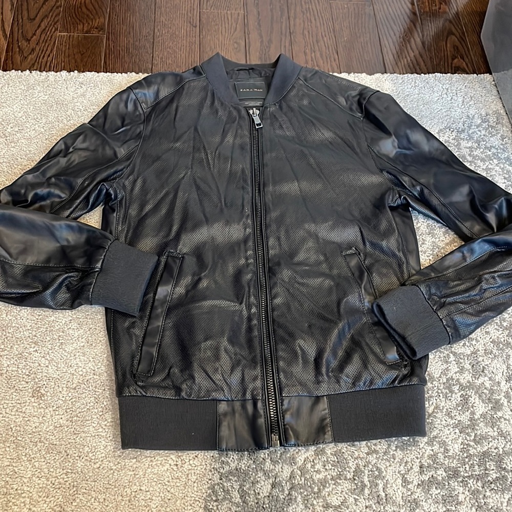 Zara mens black faux leather jacket small